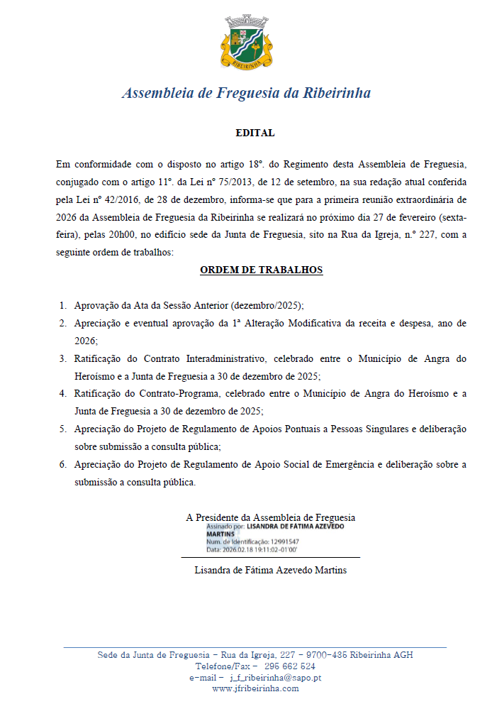 1&ordf; Assembleia Extraordin&aacute;ria Assembleia de Freguesia